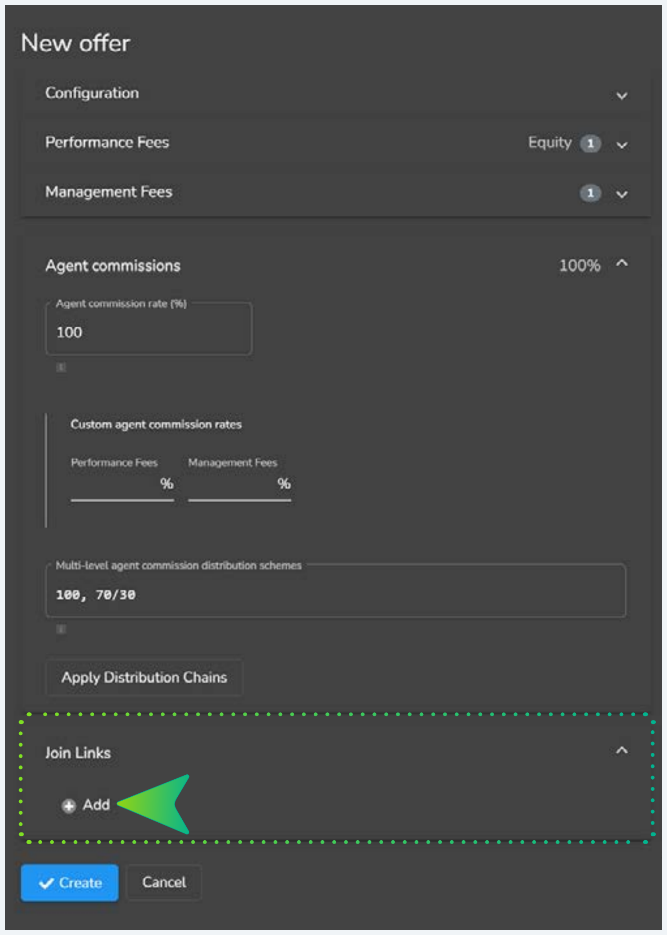 Join Links section and final Create button